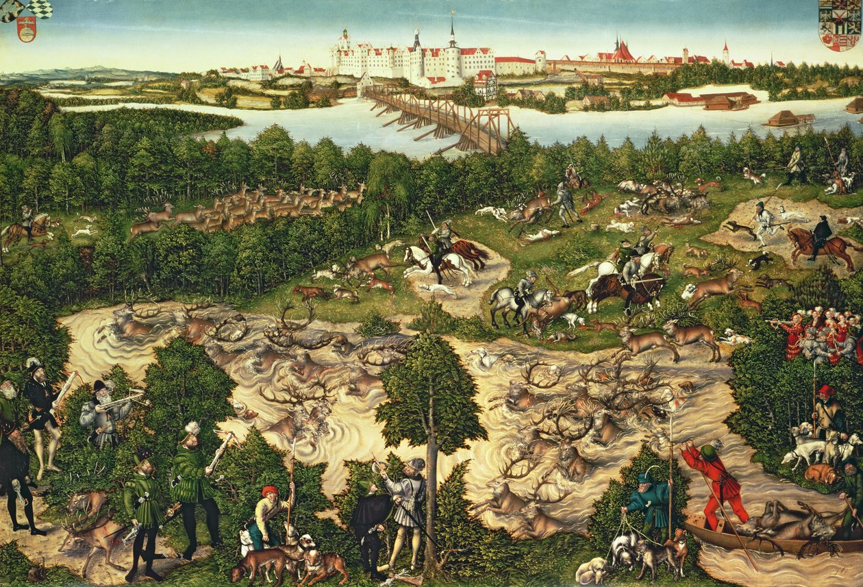 Jakt til ære for keiseren Charles V nær Hartenfels slott, Torgau, 1544 (se også 498131, 38682 og 498129) av Lucas Cranach the Elder