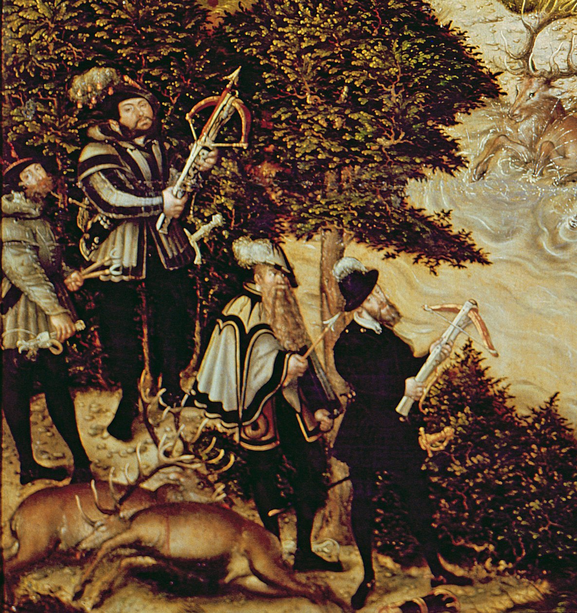 Johann Friedrich the Magnanimous, kurfyrst av Sachsen og keiser Charles V jaktet hjort nær Hartenfels slott, Torgau, 1544 (detalj av 38682) av Lucas Cranach the Elder