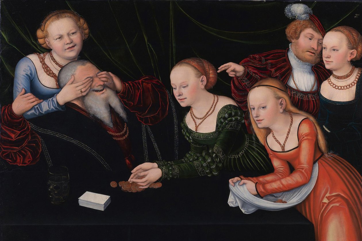 Gammel mann forført av kurtisaner, ca 1537 av Lucas Cranach the Elder