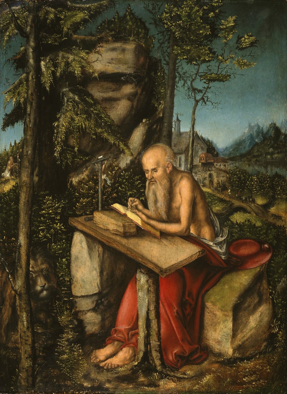 Saint Jerome i et steinete landskap av Lucas Cranach the Elder
