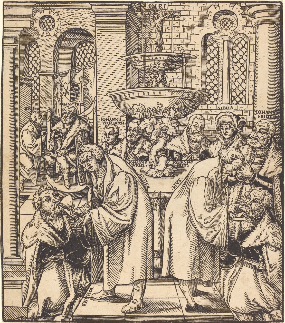 Reformatorene Luther og Hus gir nattverd til fyrstene av huset i Sachsen av Lucas Cranach the Elder