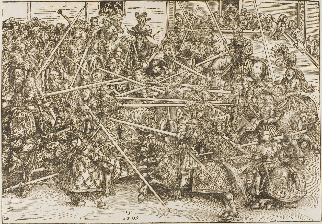 Den tredje turneringen, med riddere som bryter lanser av Lucas Cranach the Elder