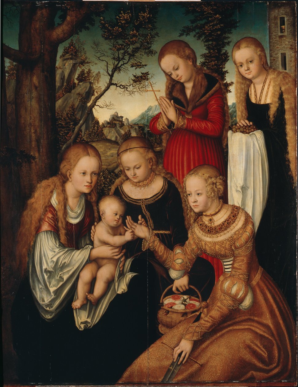 Jomfruen og barnet med de hellige Catherine, Dorothy, Margaret og Barbara såkalte Marriage of St av Lucas Cranach the Elder