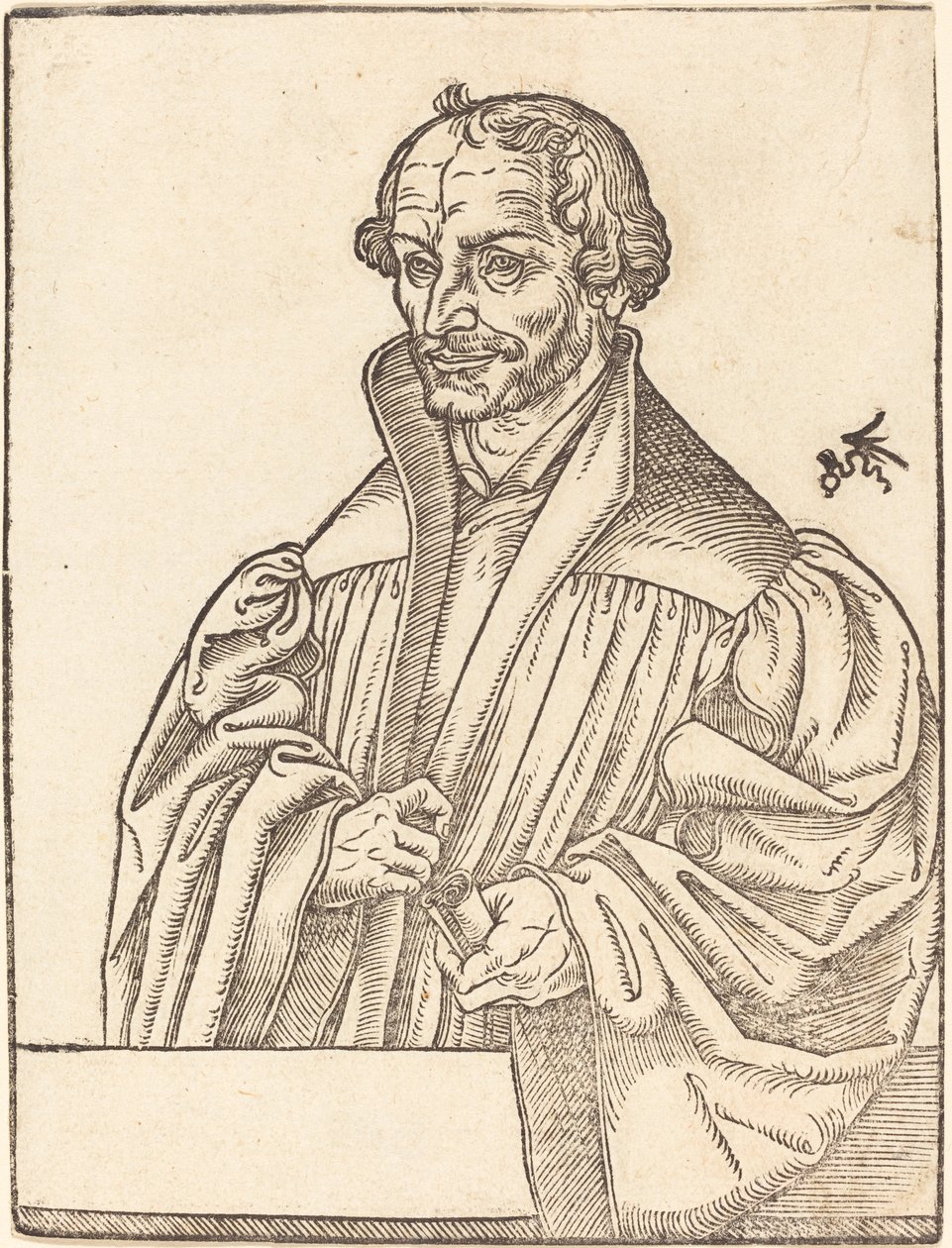 Philip Melanchton, Halvlengde til venstre, står bak et brystverk av Lucas Cranach the Younger