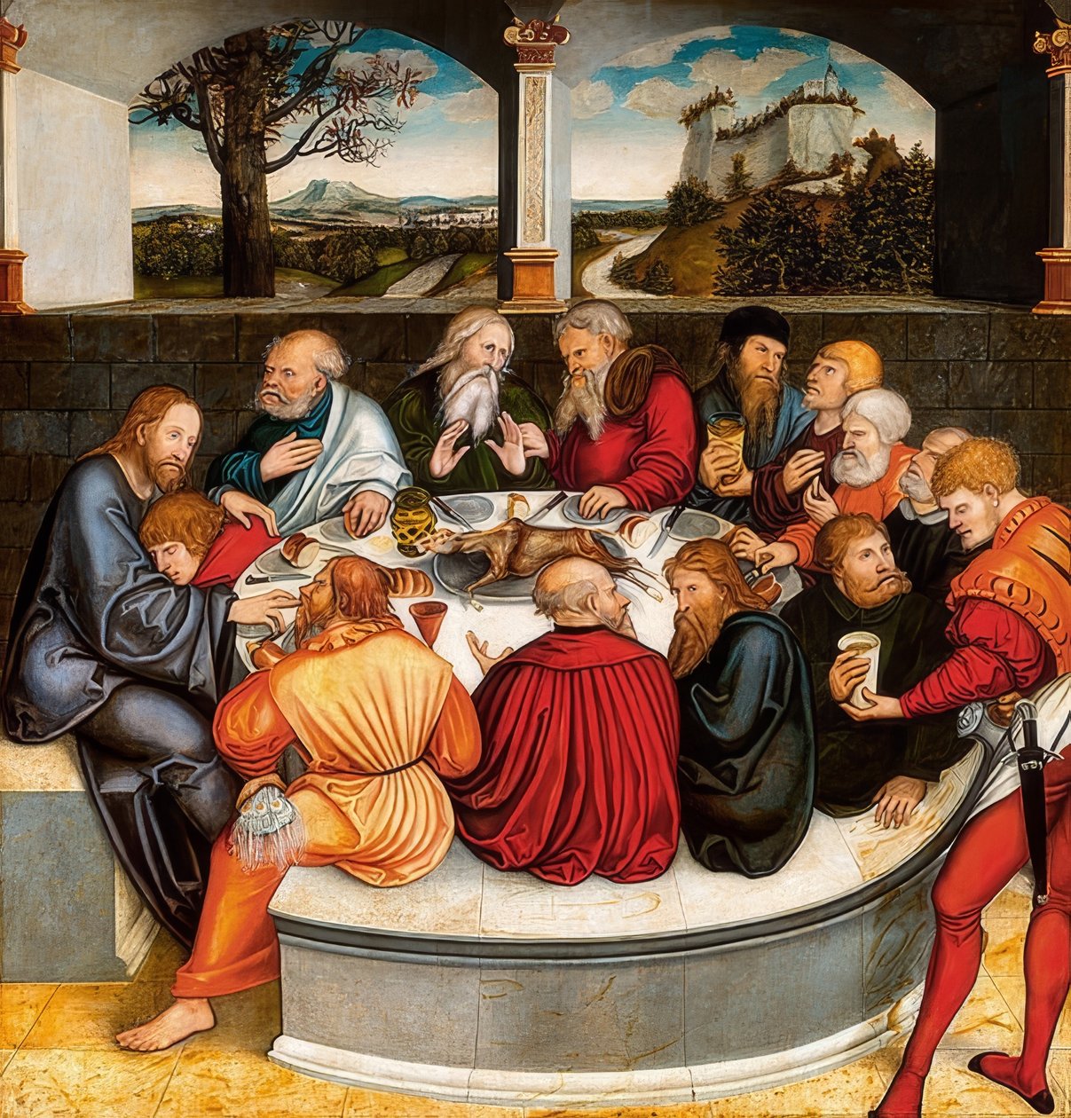 Reformasjonsalter, midtpanel på forsiden: Martin Luther blant apostlene ved nattverden. 1546/47 av Lucas Cranach the Younger