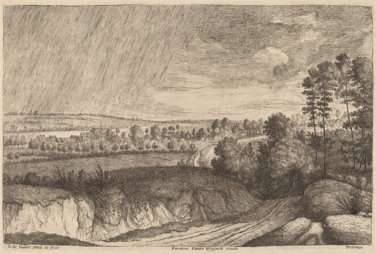 Regnfullt landskap av Lucas Emil Vosterman, after Lodewijk de Vadder
