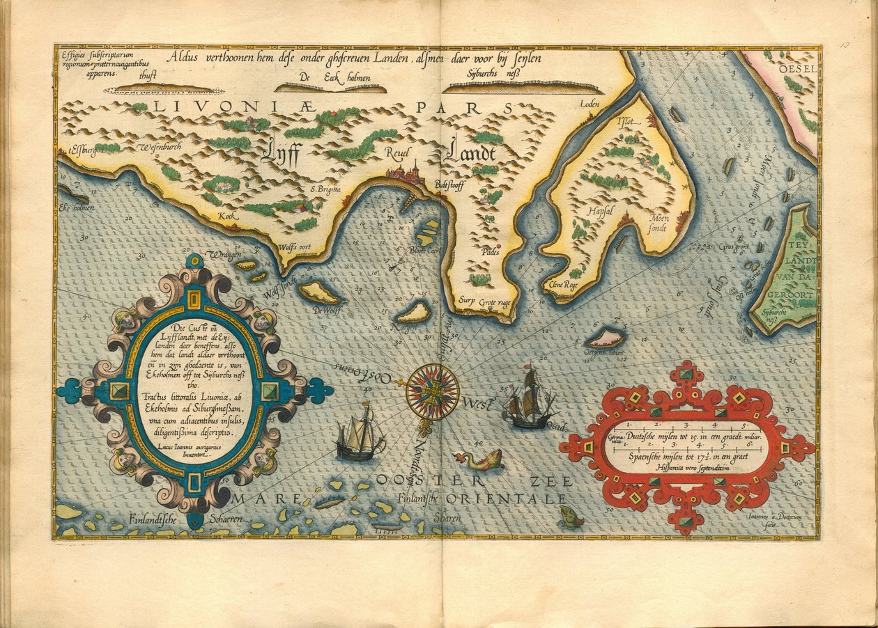 Livonie (Nord de la Lituanie actuelle) - Kart over Livonia (Die custe va Lijfflandt with the eijlanden daer beneffens...) - Waghenaer, Lucas Jansz. (1533/34-1606) - 1586 - Kobberstikk, akvarell - Privat samling av Lucas Janszoon Waghenaer