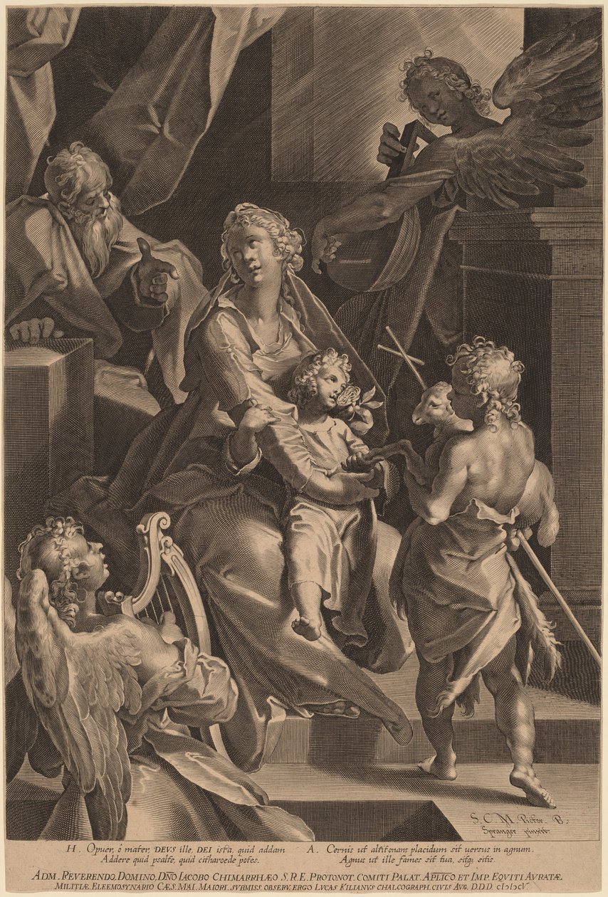 Den hellige familie og to engler av Lucas Kilian, after Bartholomaeus Spranger