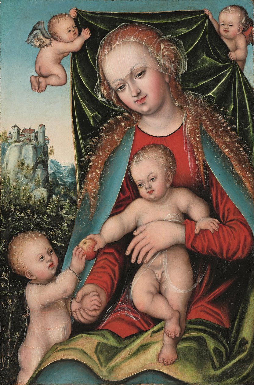 Den hellige jomfru og barnet med spedbarnet Døperen Johannes og englene, et skogslandskap med en festning på en klippetopp bortenfor, ca. 1512 (olje på panel) av Lucas The Elder (studio of) Cranach