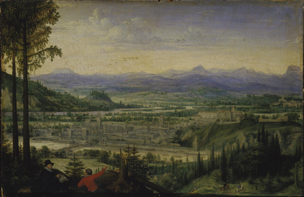 Utsikt over Linz med kunstnertegning i forgrunnen, 1593. av Lucas Valckenborch van