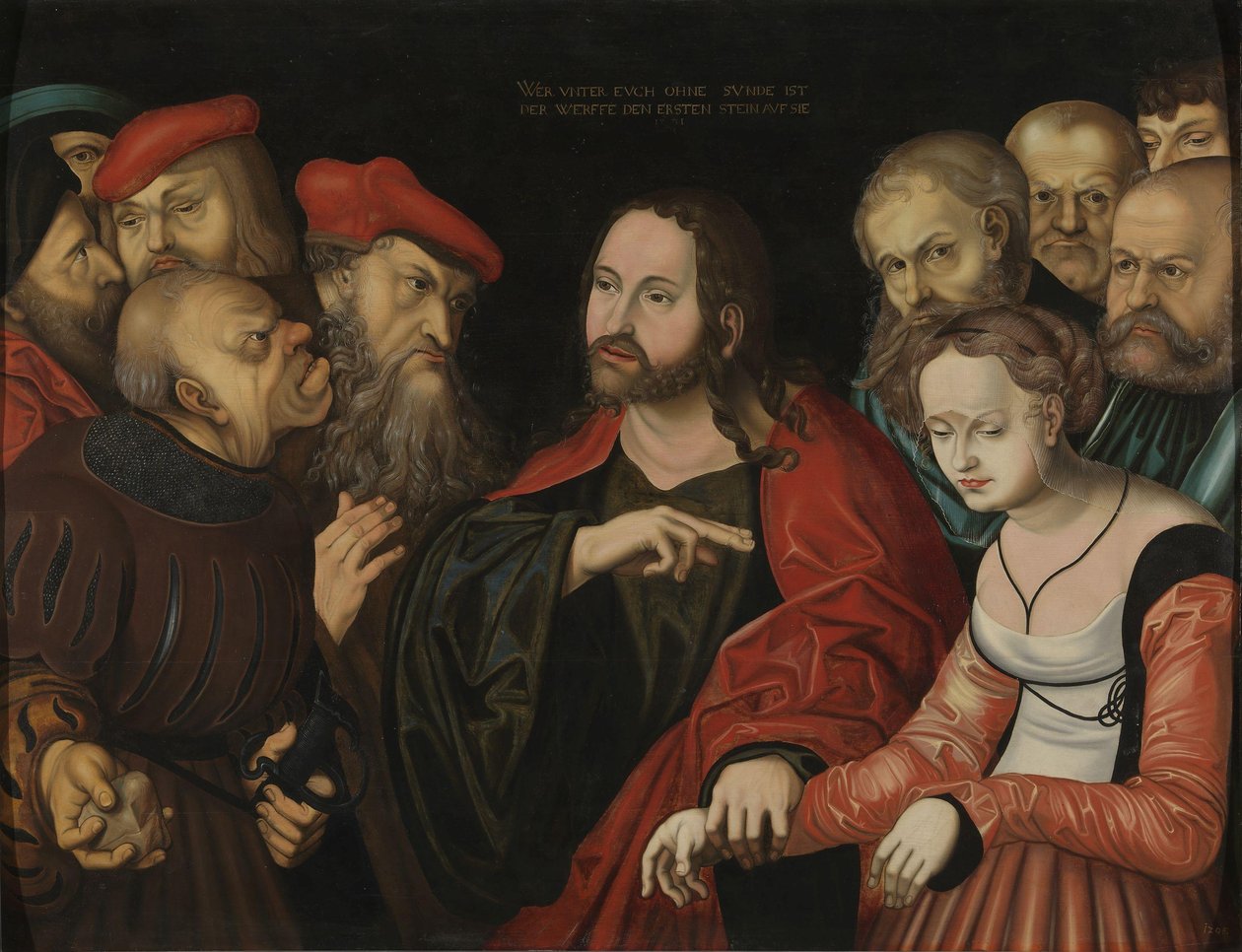 Kristus og kvinnen tatt i utroskap, ca. 1700 (olje på tre) av Lucas the Elder (after) Cranach