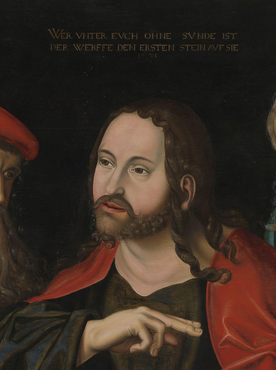 Kristus og kvinnen tatt i utroskap, detalj, ca. 1700 (olje på tre) av Lucas the Elder (after) Cranach