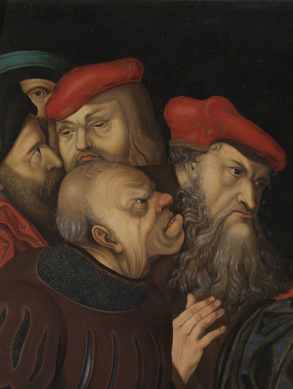 Kristus og kvinnen tatt i utroskap, detalj, ca. 1700 (olje på tre) av Lucas the Elder (after) Cranach