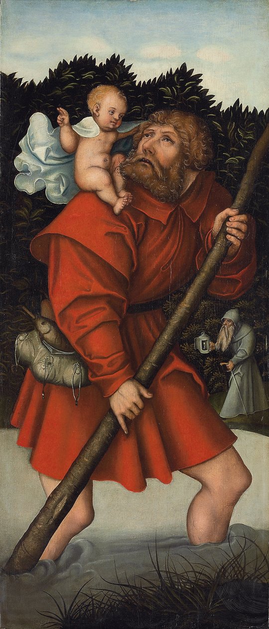 Saint Christopher bærer Kristusbarnet; og erkeengelen Michael som holder Scales of Justice (olje på panel) av Lucas the Elder (workshop of) Cranach