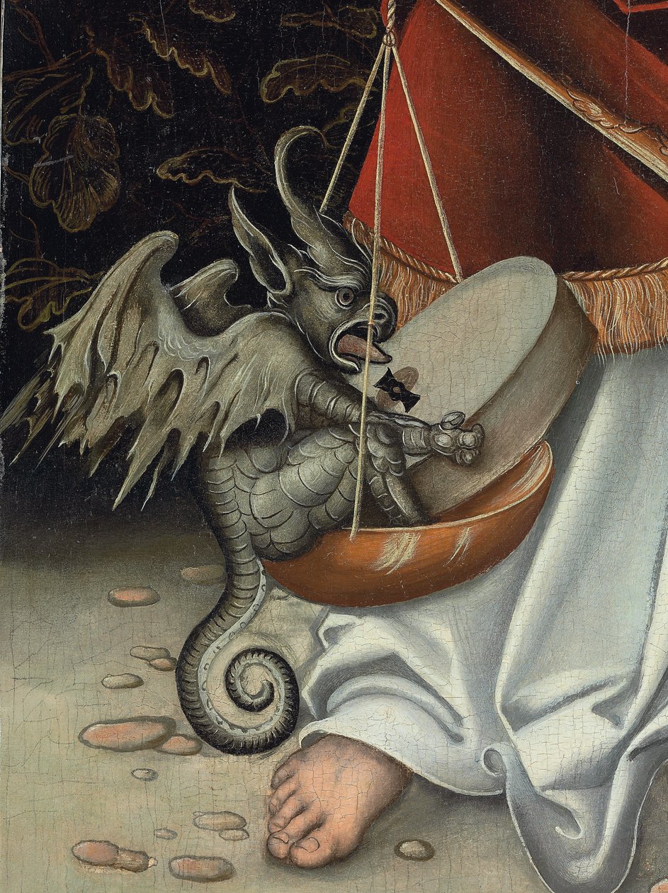 Erkeengelen Michael som holder Scales of Justice (detalj) (olje på panel) av Lucas the Elder (workshop of) Cranach