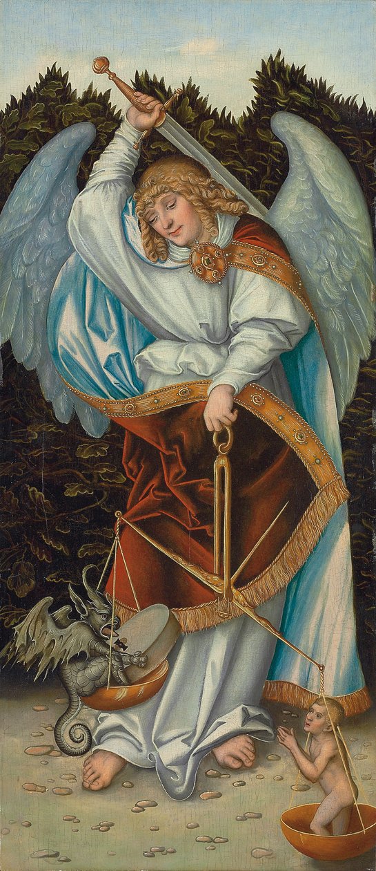 Erkeengelen Mikael som holder rettferdighetsvekten (olje på panel) av Lucas the Elder (workshop of) Cranach