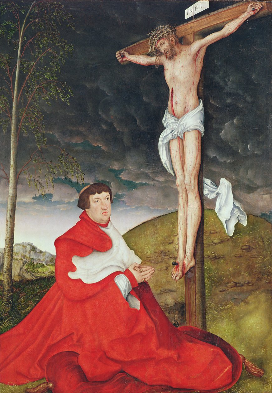 Albert, kardinalkurfyrst av Mainz ved foten av korset (olje på panel) av Lucas the Elder Cranach
