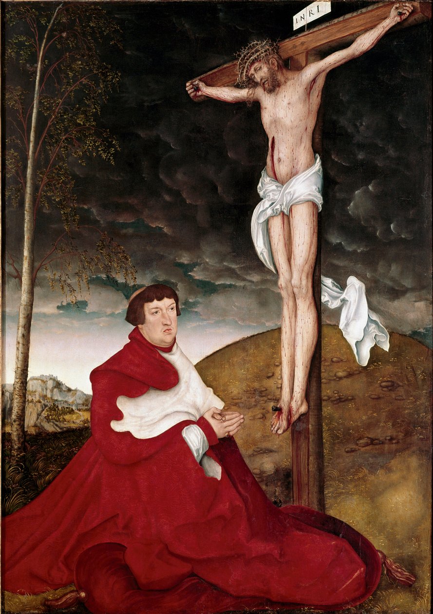 Kardinal Albert von Brandenburg tilber krusifiksmaleriet av Lucas Cranach den eldre (1472-1553) av Lucas the Elder Cranach