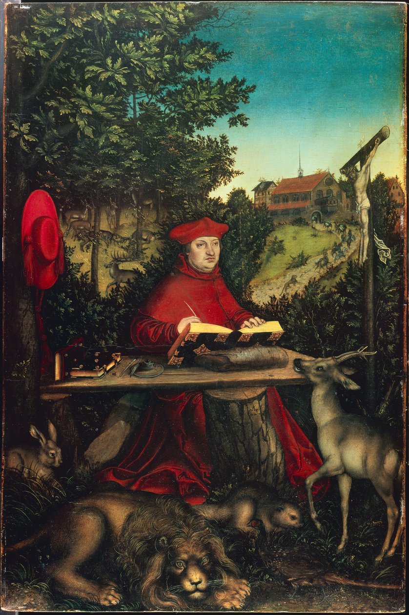 Kardinal Albrecht av Brandenburg (1490-1545) som den hellige Hieronymus, av Cranach, Lucas, den eldste (1472-1553). Olje på tre av Lucas the Elder Cranach