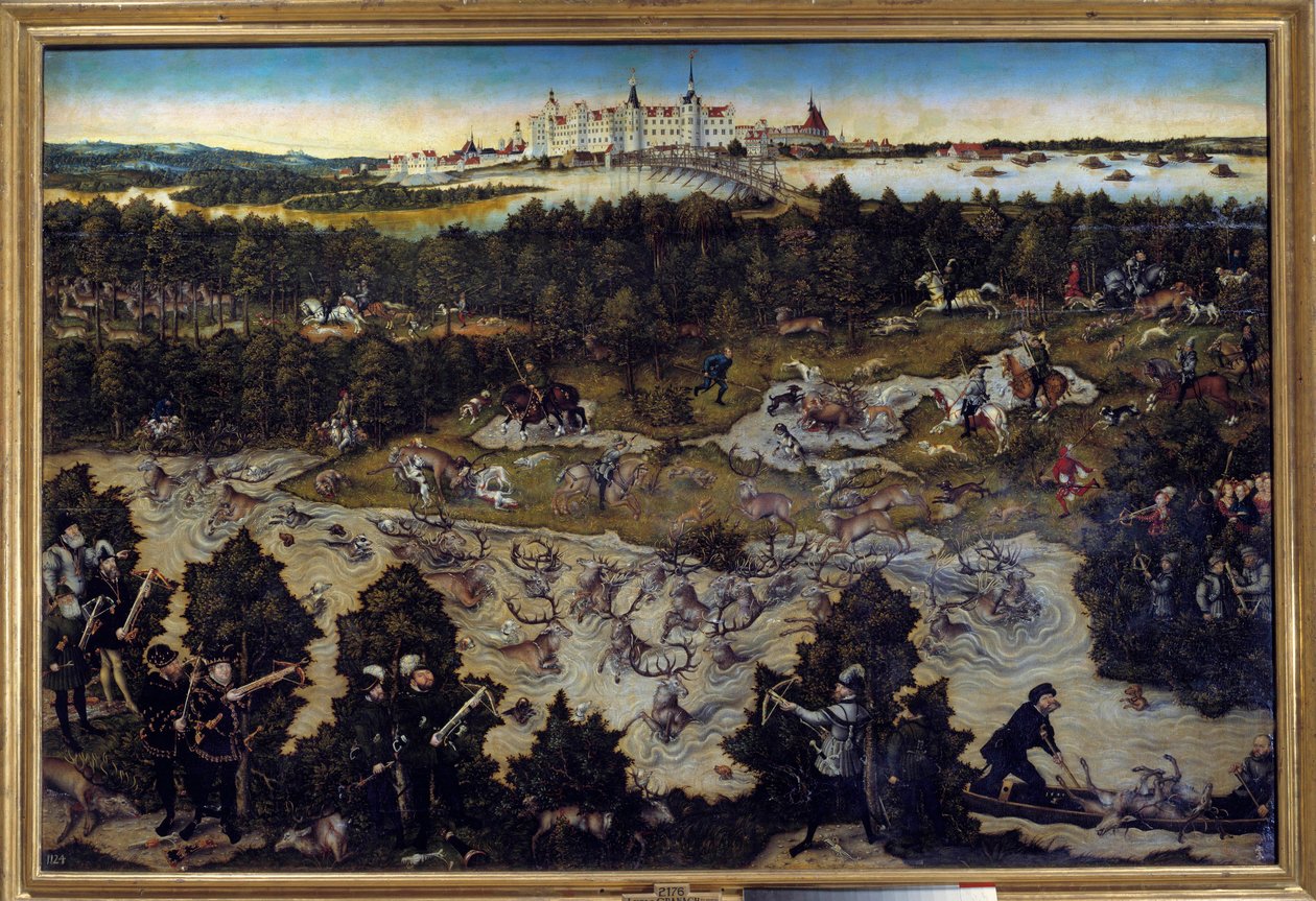 Jakt til ære for Karl V på Torgau slott i Tyskland Maleri av Lucas Cranach den eldre (1472-1553) 1544. Madrid. Musee Du Prado - Jakt til ære for Charles V på slottet Torgau i Tyskland. Maleri av Lucas Cranach den eldre (1472-1553) 1544. P av Lucas the Elder Cranach