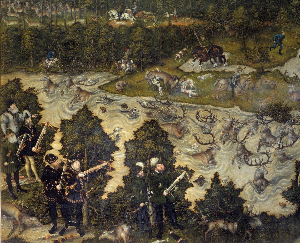Jakt til ære for Karl V på Torgau slott i Tyskland Keiseren er representativ til venstre sannsynligvis. Detalj. Maleri av Lucas Cranach den eldre (1472-1553). Det 16. århundre. Madrid. Prado-museet av Lucas the Elder Cranach