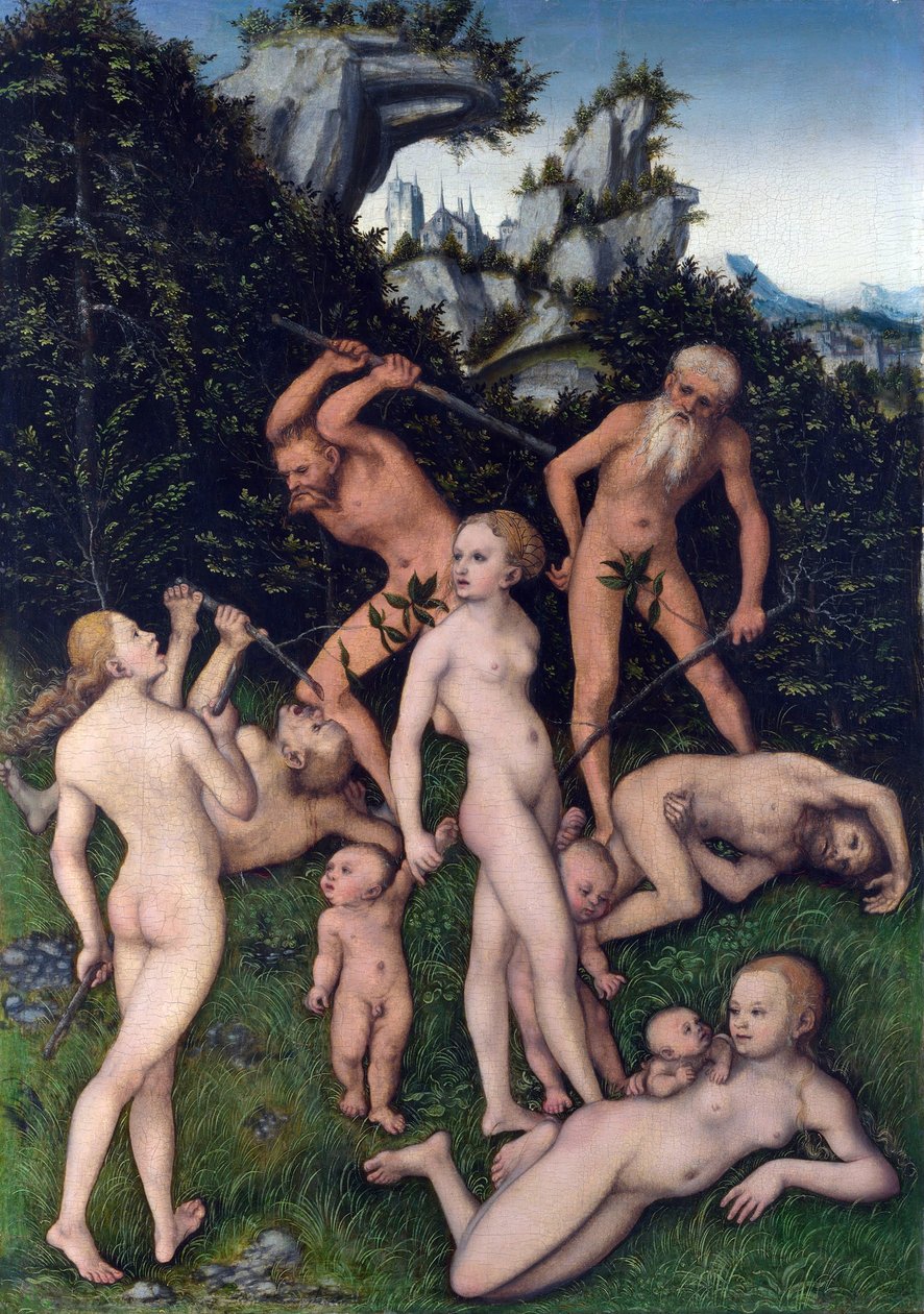 Slutten av sølvalderen (The Close of The Silver Age). Tema inspirert av de gamle greske diktene til Hesiod (7. århundre f.Kr.) i ""Verkene og dagene"", begynner menn å miste sin uskyld og en del av sin lykke. Lucas maler av Lucas the Elder Cranach