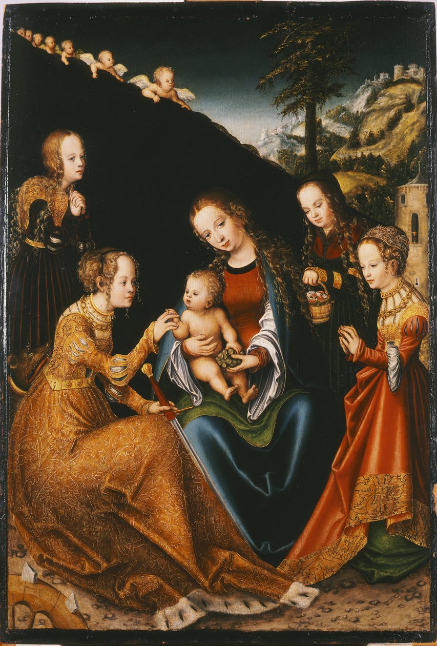 Det mystiske ekteskapet til Saint Catherine of Alexandria med Saint Dorothee, Saint Margaret and Saint Barbara - The Mystic Marriage of Saint Catherine of Alexandria with Saints Dorothy, Margaret and Barbara, av Cranach, Lucas, the Elder (1472-1553). Olje  av Lucas the Elder Cranach