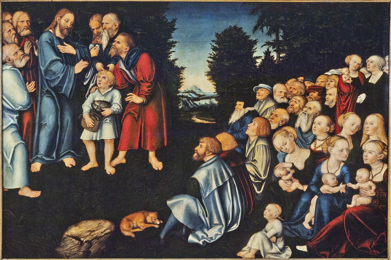 La multiplification des pains - Miraklet med de fem brødene og de to fiskene, av Cranach, Lucas, den eldste (1472-1553). Olje på tre. Mål: 82x120 cm. Nationalmuseum Stockholm av Lucas the Elder Cranach