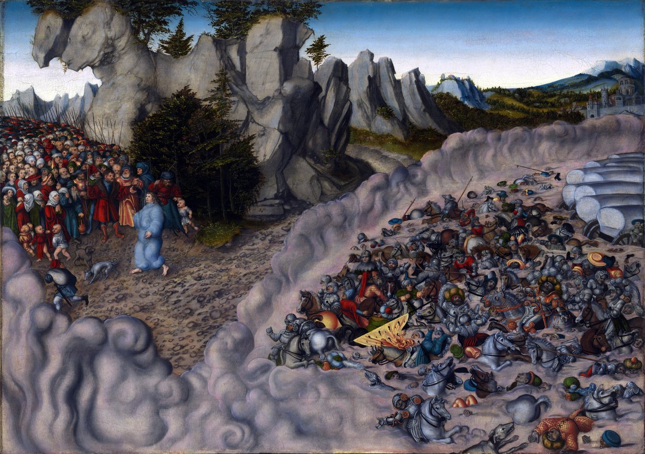 ""Krysset av Rødehavet av Israels folk, Faraos hær drukner"" - Krysset av Rødehavet (Faraos hærskarer oppslukt i Rødehavet) - Maleri av Lucas Cranach, den eldste (1472-1553) - 1530 - Olje på tre - 83,2x118,8 cm - Staatsgal av Lucas the Elder Cranach