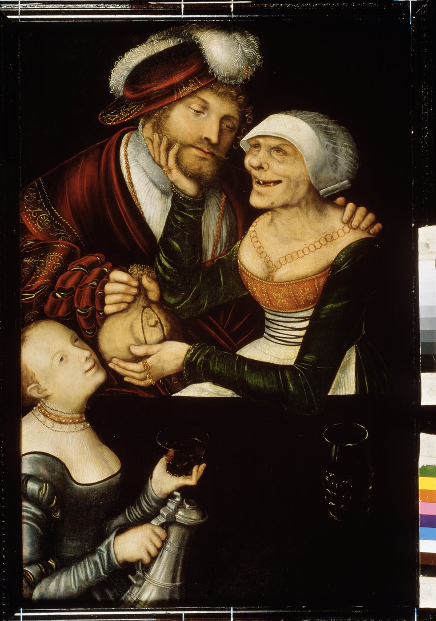 «The procuress» En tannløs gammel hallik tar en klients veske i bytte mot et intervju med en prostituert. Maleri av Lucas Cranach den eldste (1472-1553) rundt 1530 State Georgian Art Museum, Tiflis (Tbilisi) Georgia av Lucas the Elder Cranach