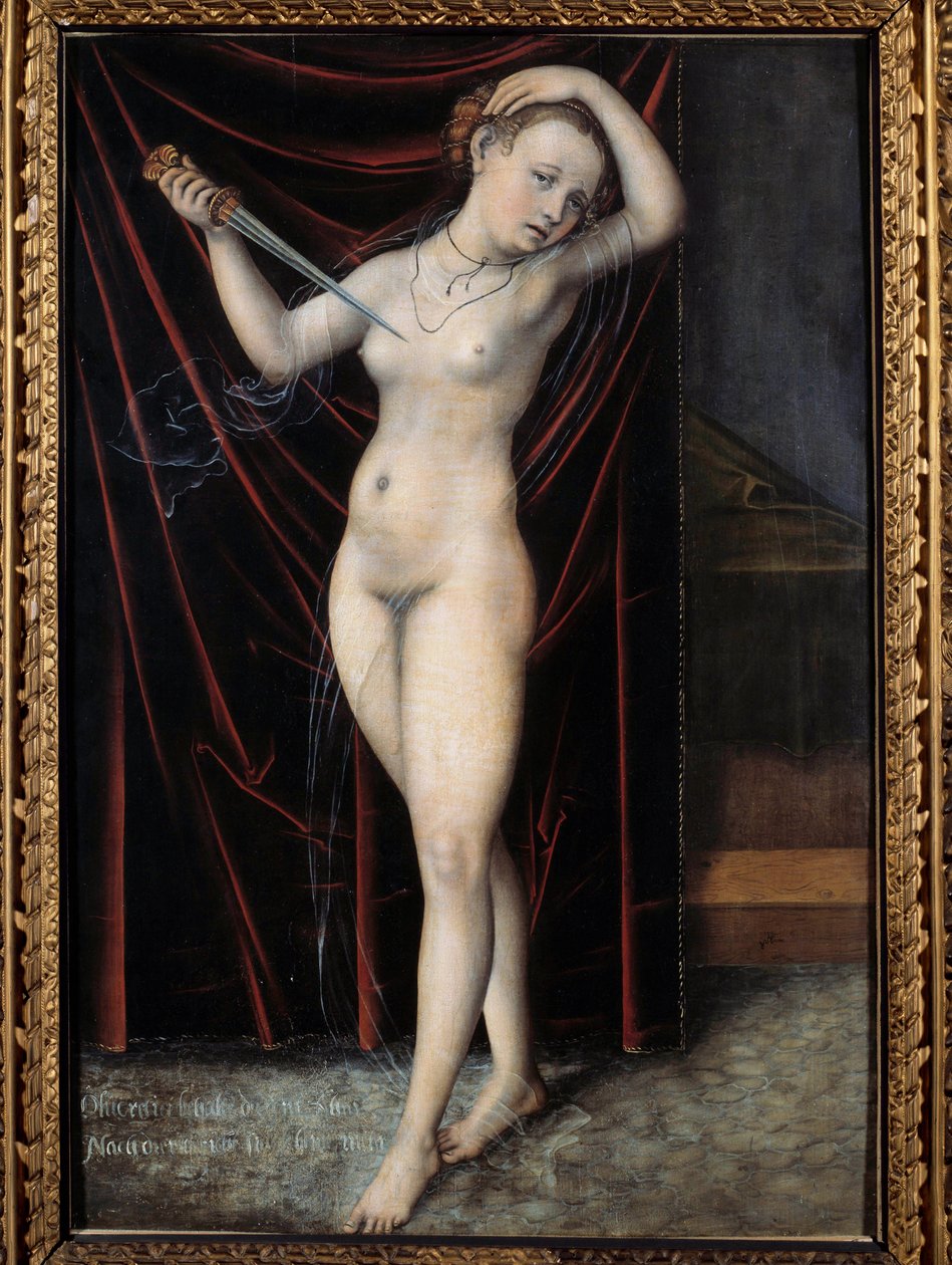 Lucrece gir seg selv døden Selvmordet til Lucrece, romersk dame på 600-tallet f.Kr. Maleri av Lucas Cranach (1472-1553) 1500-tallet. Besançon, kunstmuseet av Lucas the Elder Cranach