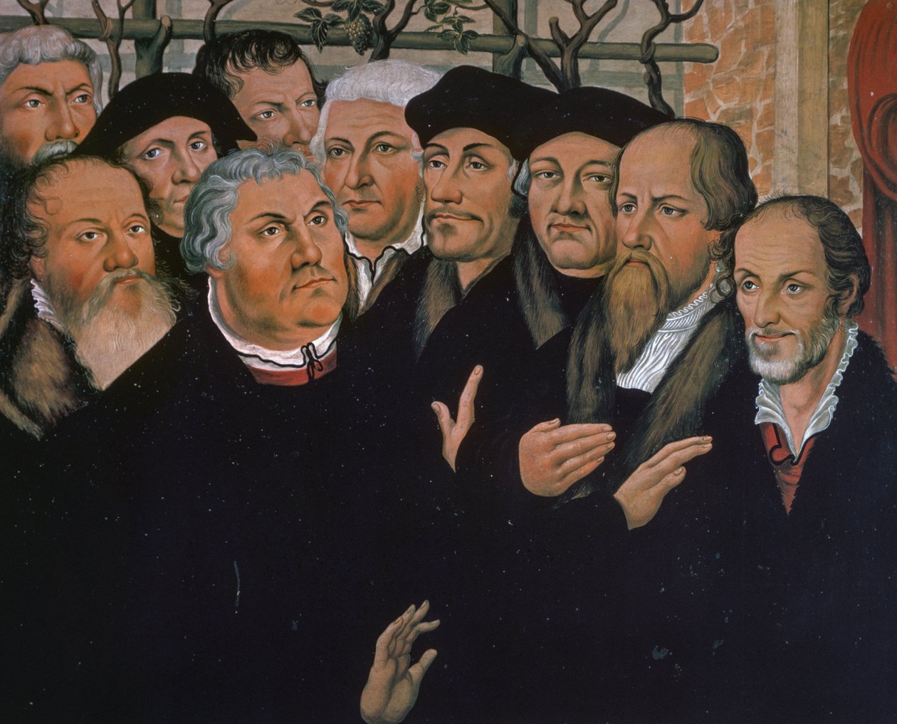 Martin Luther med representanter for protestantisk reformasjon, til høyre Melanchthon, i sentrum av Erasmus av Rotterdam, detalj fra Resurrection of Lazarus, maleri av Lucas Cranach Elder (1472-1553) av Lucas the Elder Cranach