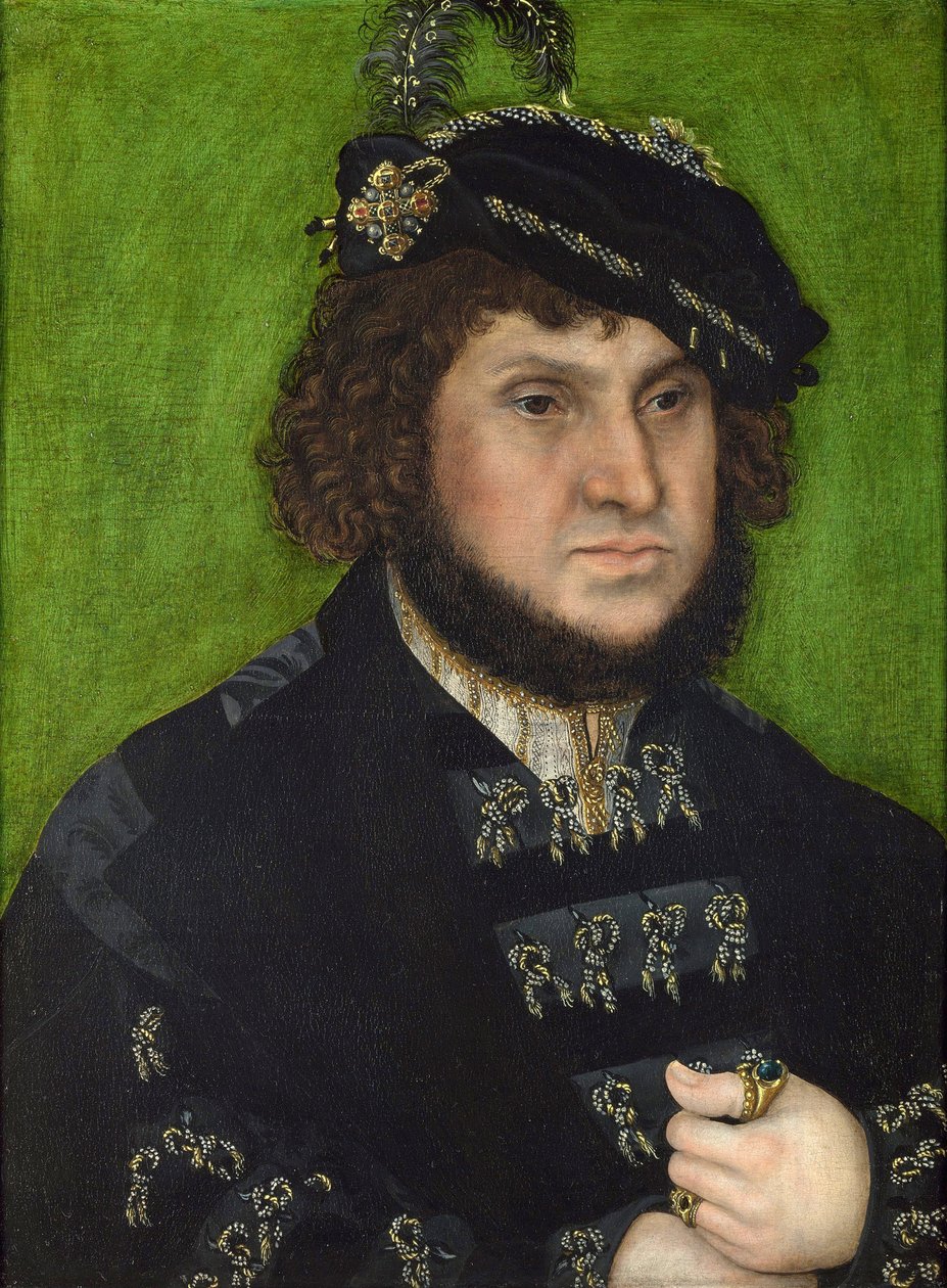Portrett av Johannes av Sachsen (Portrett av Johannes av Sachsen). John Frederic av Sachsen, kjent som den storsindede, storkurfyrsten og grev Palatiner og beskytter av Martin Luther (1483-1546). Maleri av Lucas Cranach den eldre (1472-1553), olje på tre av Lucas the Elder Cranach