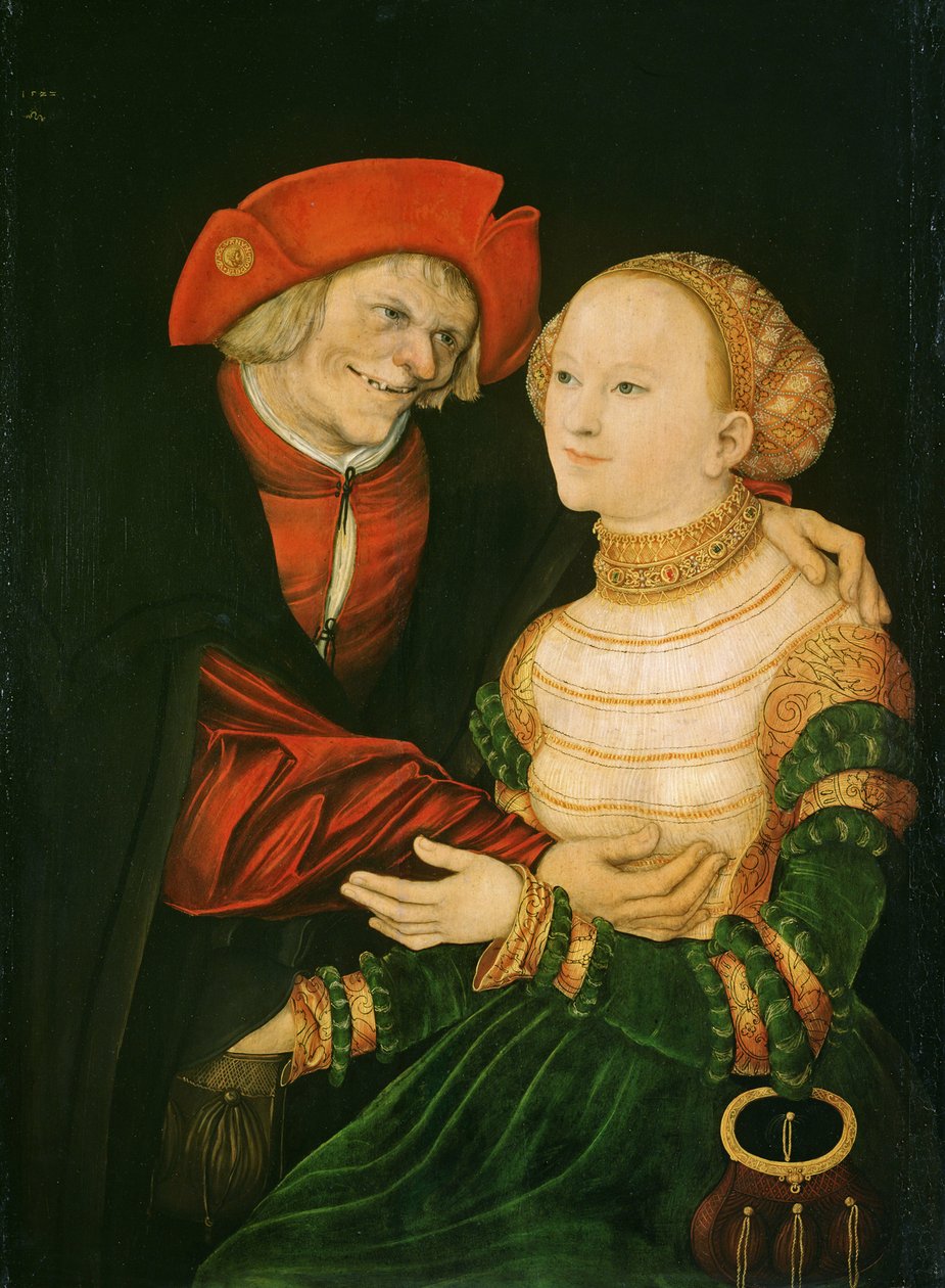 The Unequal Couple - Peinture de Lucas Cranach the Elder (1472-1553) - 1522 - Olje på tre - 84,5x63 - Szepmuveszeti Muzeum, Budapest av Lucas the Elder Cranach