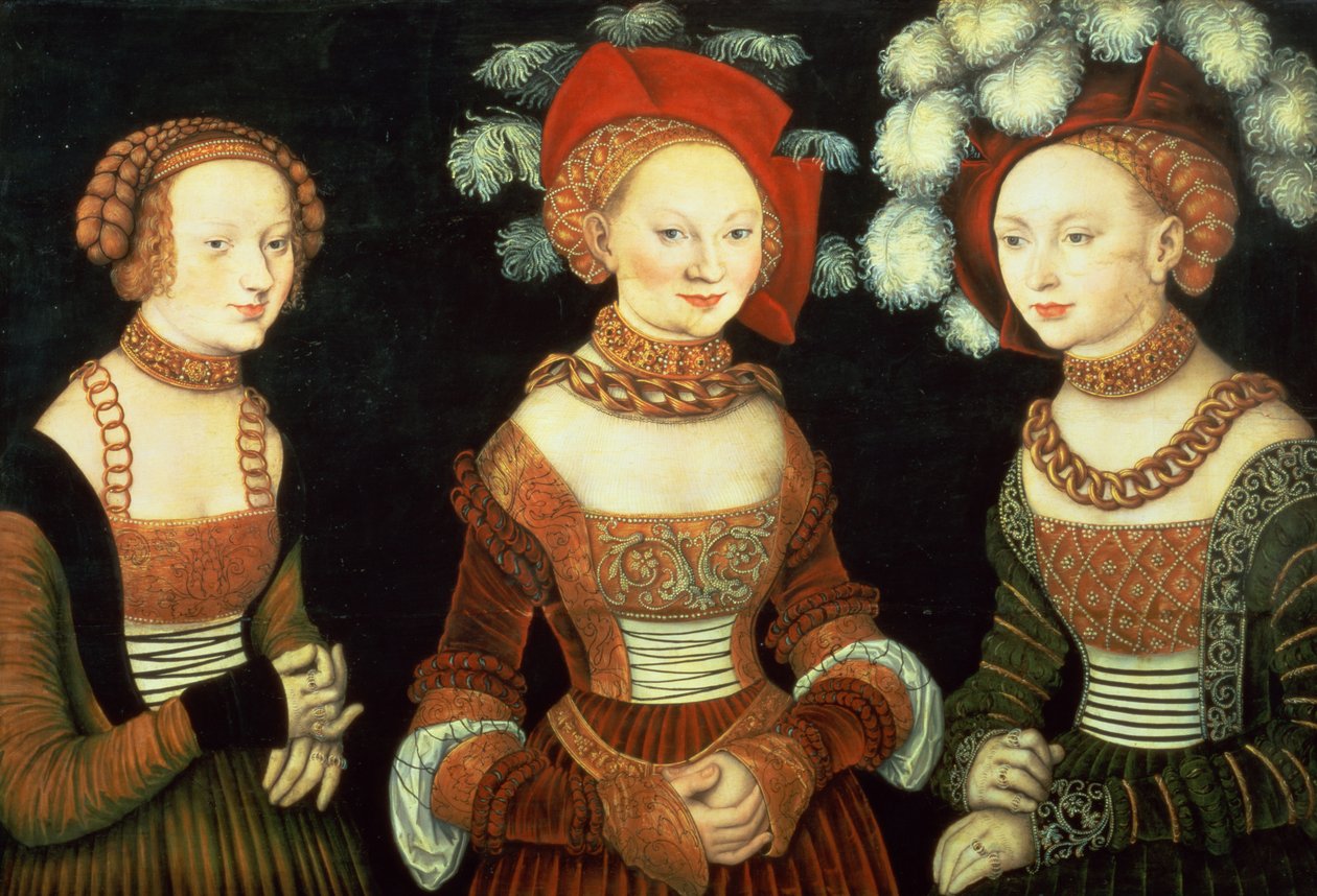Tre prinsesser av Sachsen, Sibylla (1515-92), Emilia (1516-91) og Sidonia (1518-75), døtre av hertug Heinrich av Frommen, ca. 1535 (panel) av Lucas the Elder Cranach