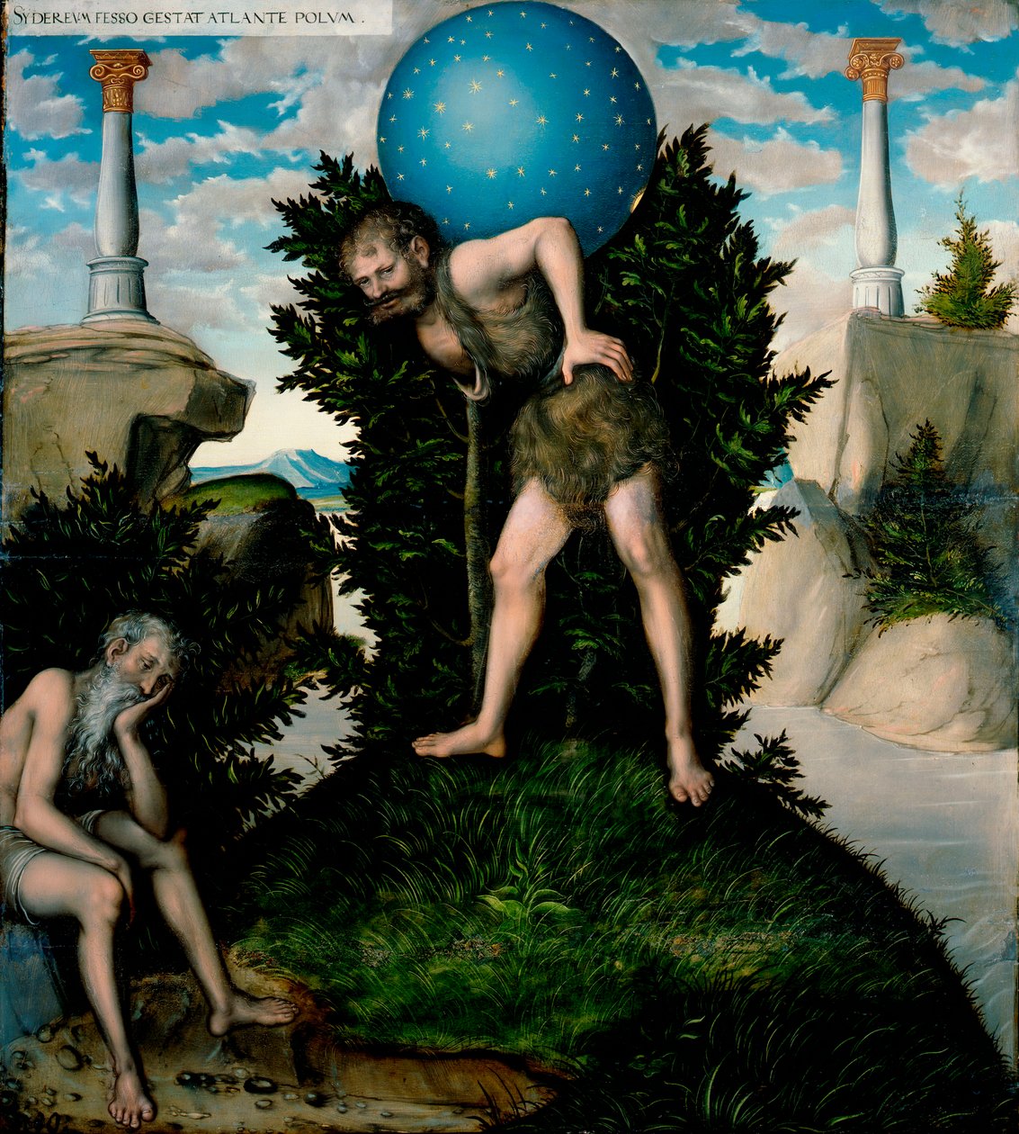 Labours of Hercules (Heracles): Hercules bærer det himmelske hvelvet til Atlas på skuldrene - Atlas og Hercules (Fra The Labours of Hercules) - Cranach, Lucas, den eldste (1472-1553) - etter 1537 - Olje på tre - 109,7x98 .8 - Herzog Anton Ulrich-museet, Br av Lucas the Elder Cranach