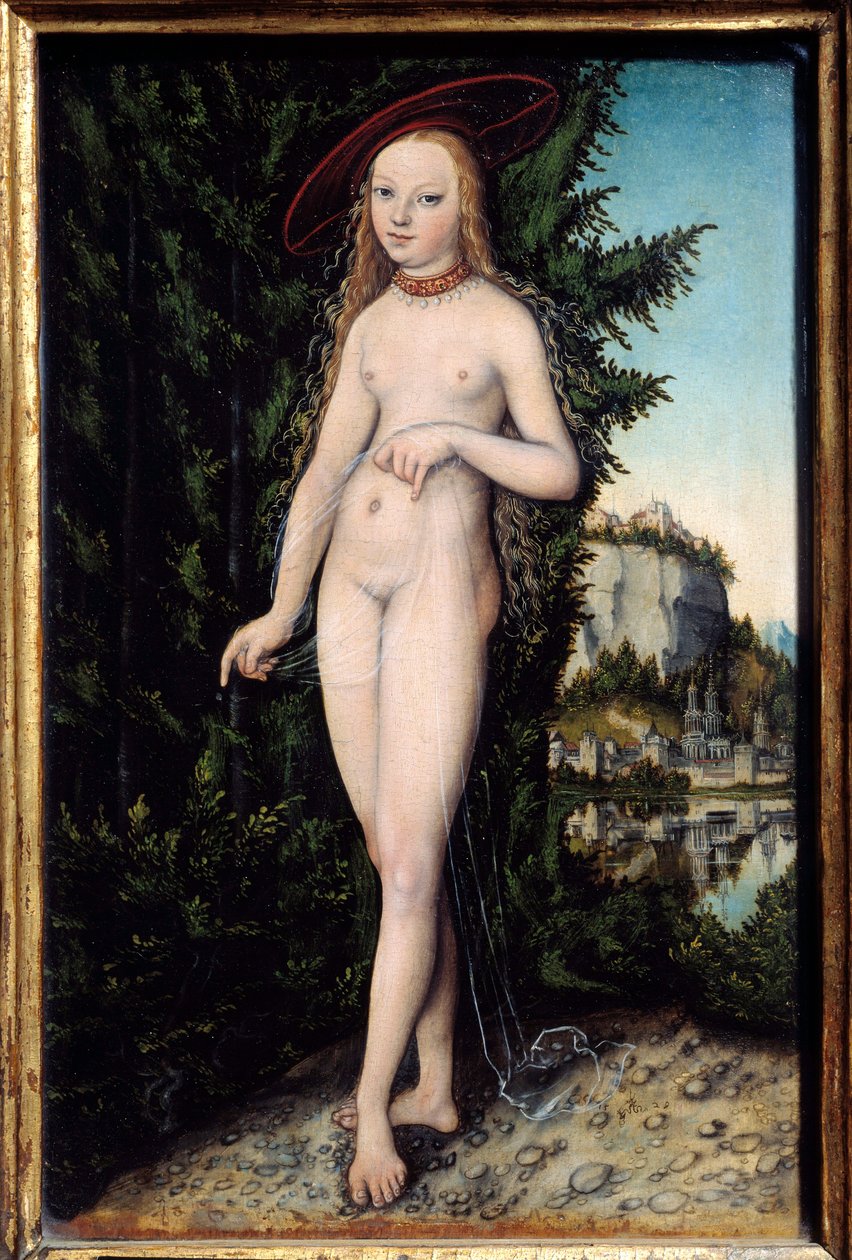 Venus står i et landskapsmaleri av Lucas Cranach den eldre (1472-1553) 1529, Olje på tre, Dim. 0,38x0,25 m - Venus står i et landskap. Maleri av Lucas Cranach den eldste (1472-1553) av Lucas the Elder Cranach