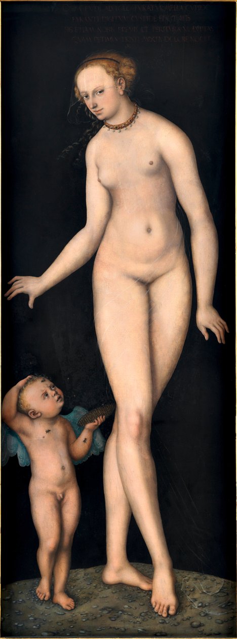 Venus med Cupid honningtyven, av Cranach, Lucas, den eldste (1472-1553). Olje på tre, etter 1537. Mål: 175,4x66,3 cm. Germanisches Nationalmuseum, Nürnberg av Lucas the Elder Cranach