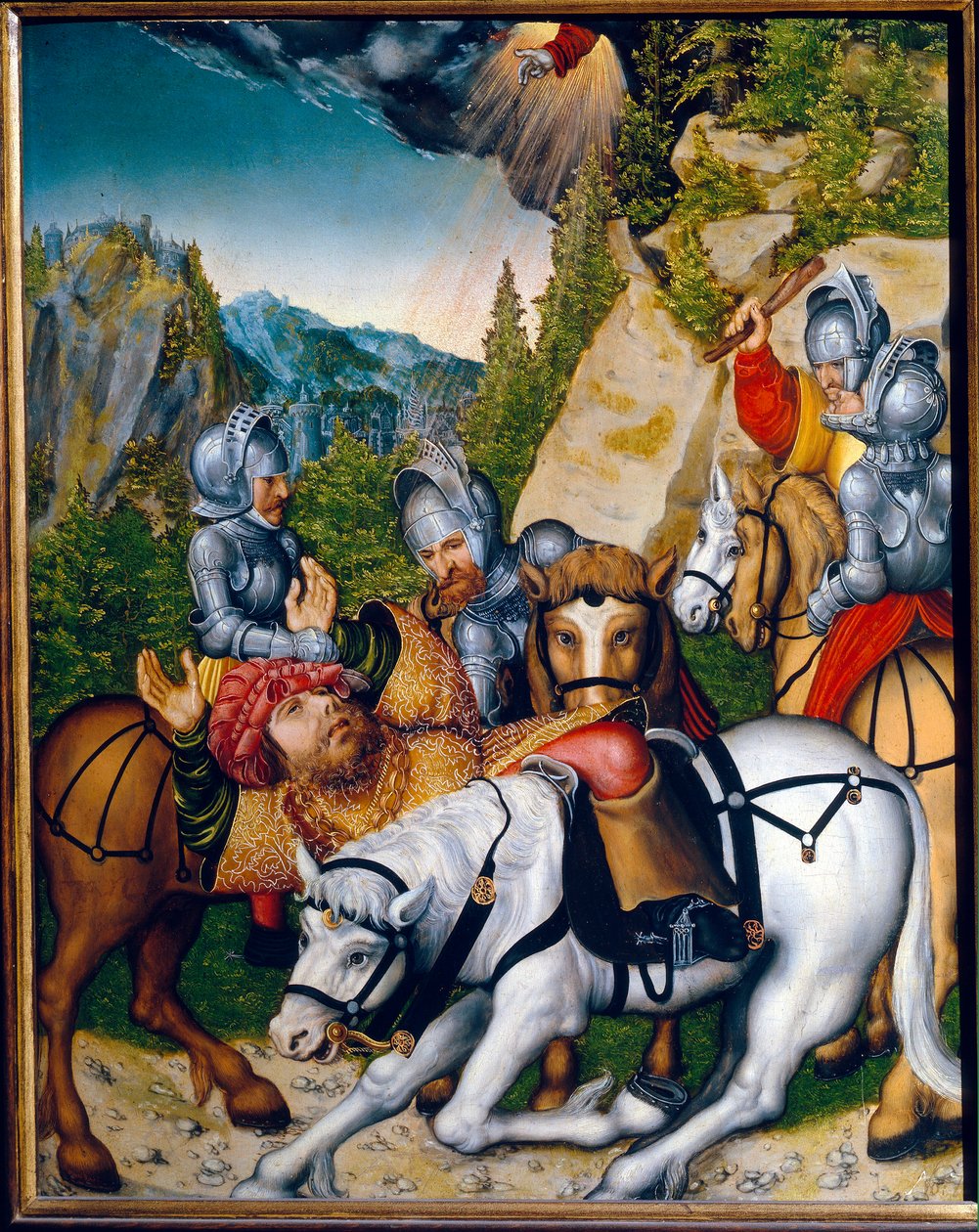 Konvertering på veien til Damaskus (Syria). (Konverteringen på vei til Damaskus). Den hellige Paulus (Saul) av Tarsus (ca. 8-c. 67). Maleri av Lucas Cranach den yngre (1515-1586), olje på tre. tysk kunst av Lucas the Younger Cranach