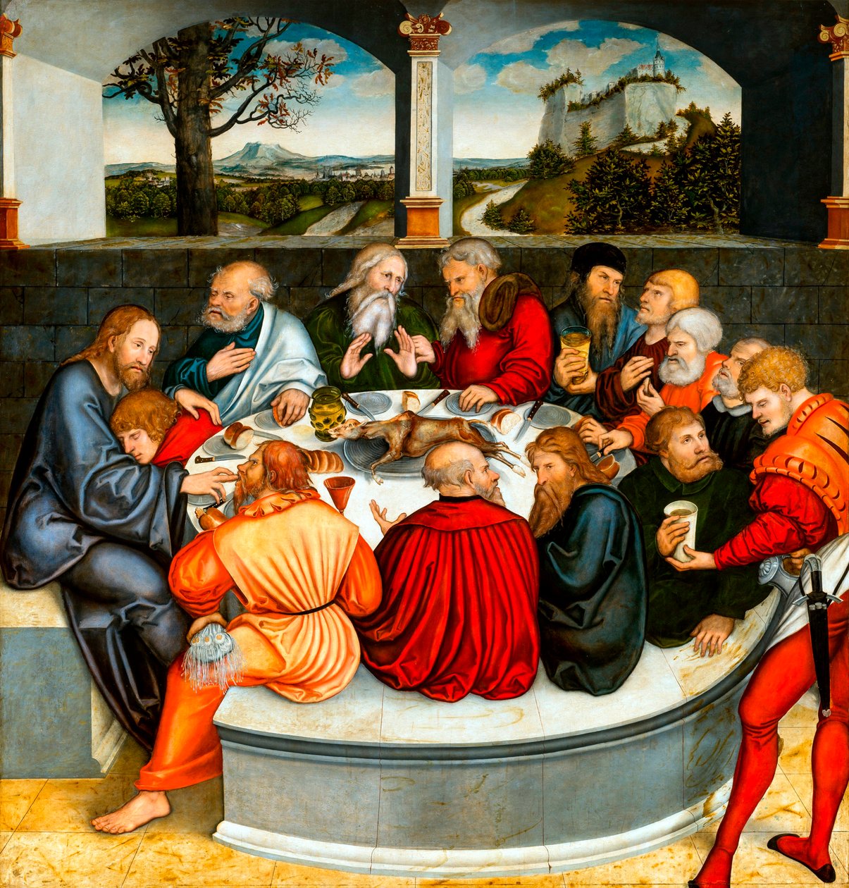 Nattverden (med Luther blant apostlene). Reformasjonsaltertavle av Cranach, Lucas, den yngre (1515–1586) av Lucas the Younger Cranach