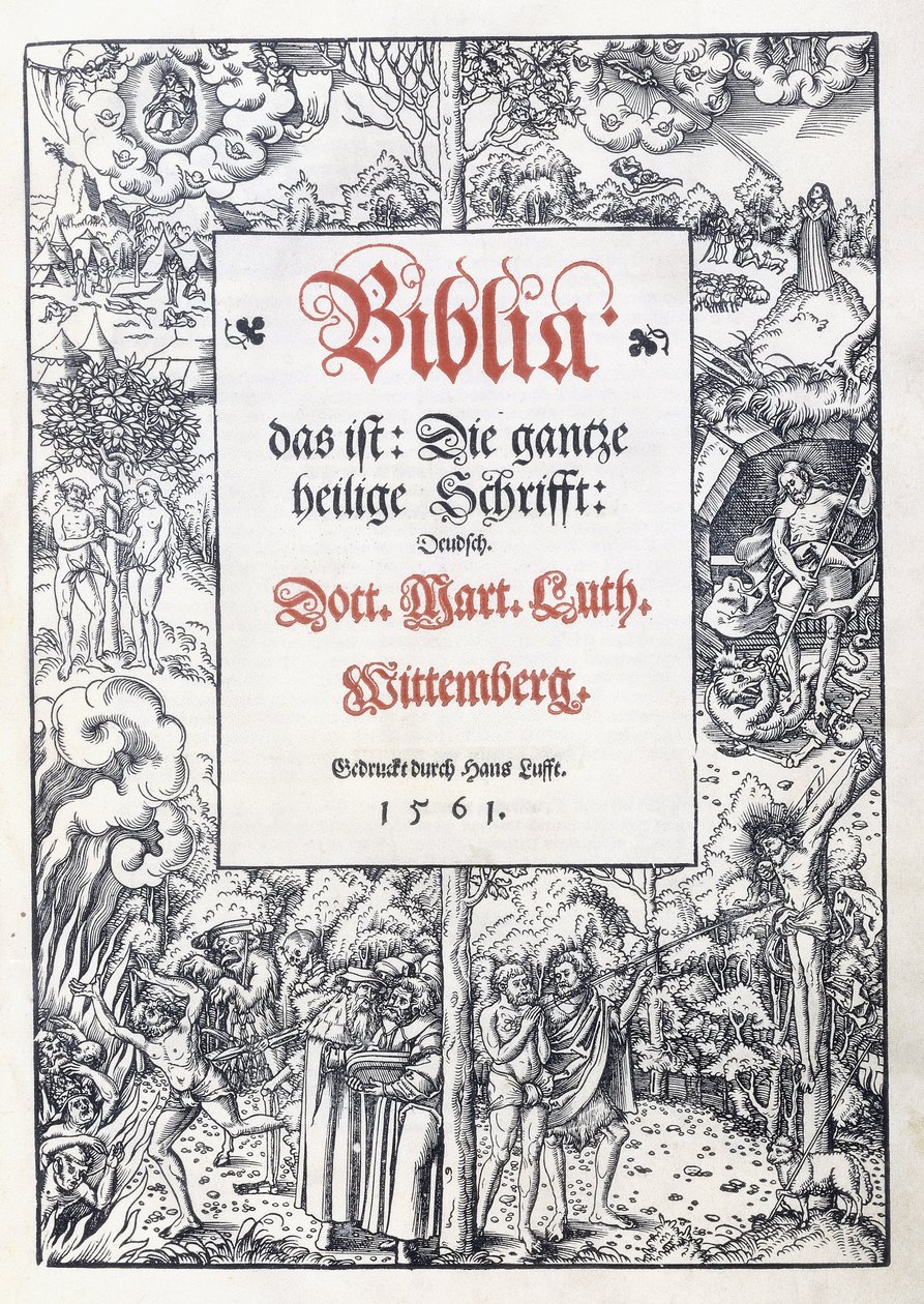 Tittelside, med en fin billedkant fra "Biblia, das ist: Hele hellige skrift: tysk", oversatt av Martin Luther, 1560-1561 av Lucas the Younger Cranach