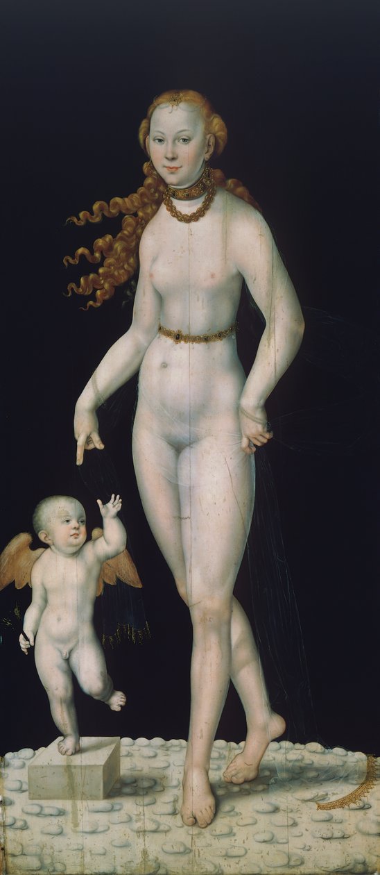 Venus og Amor, malt på panel av Lucas the Younger Cranach