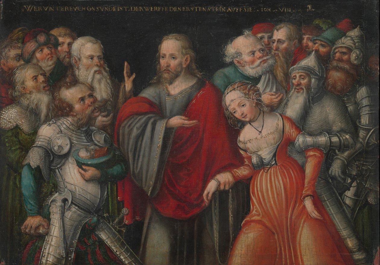 Kristus og utroskapen, ca. 1545-50 (olje på bøk) av Lucas the Younger studio of Cranach