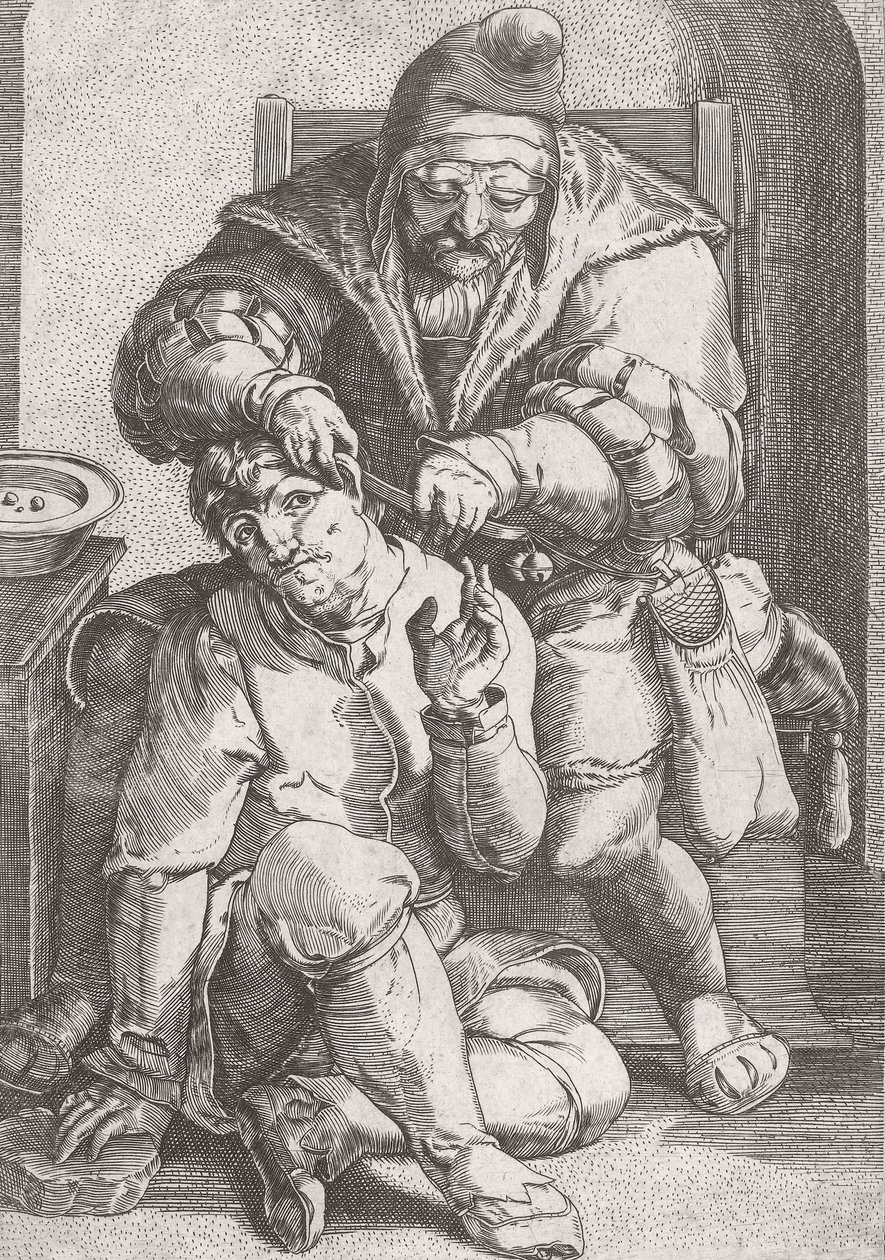 Frisørkirurg fra 1600-tallet tar seg av en pasients øre. av Lucas van (after) Leyden