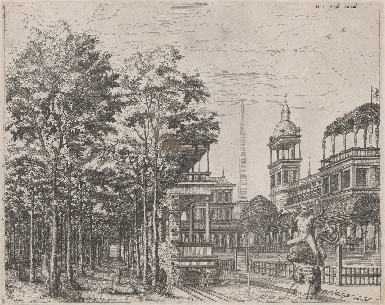 Landskap med trær, to hjort og en palassgårdsplass av Lucas van Doetechum and Johannes
