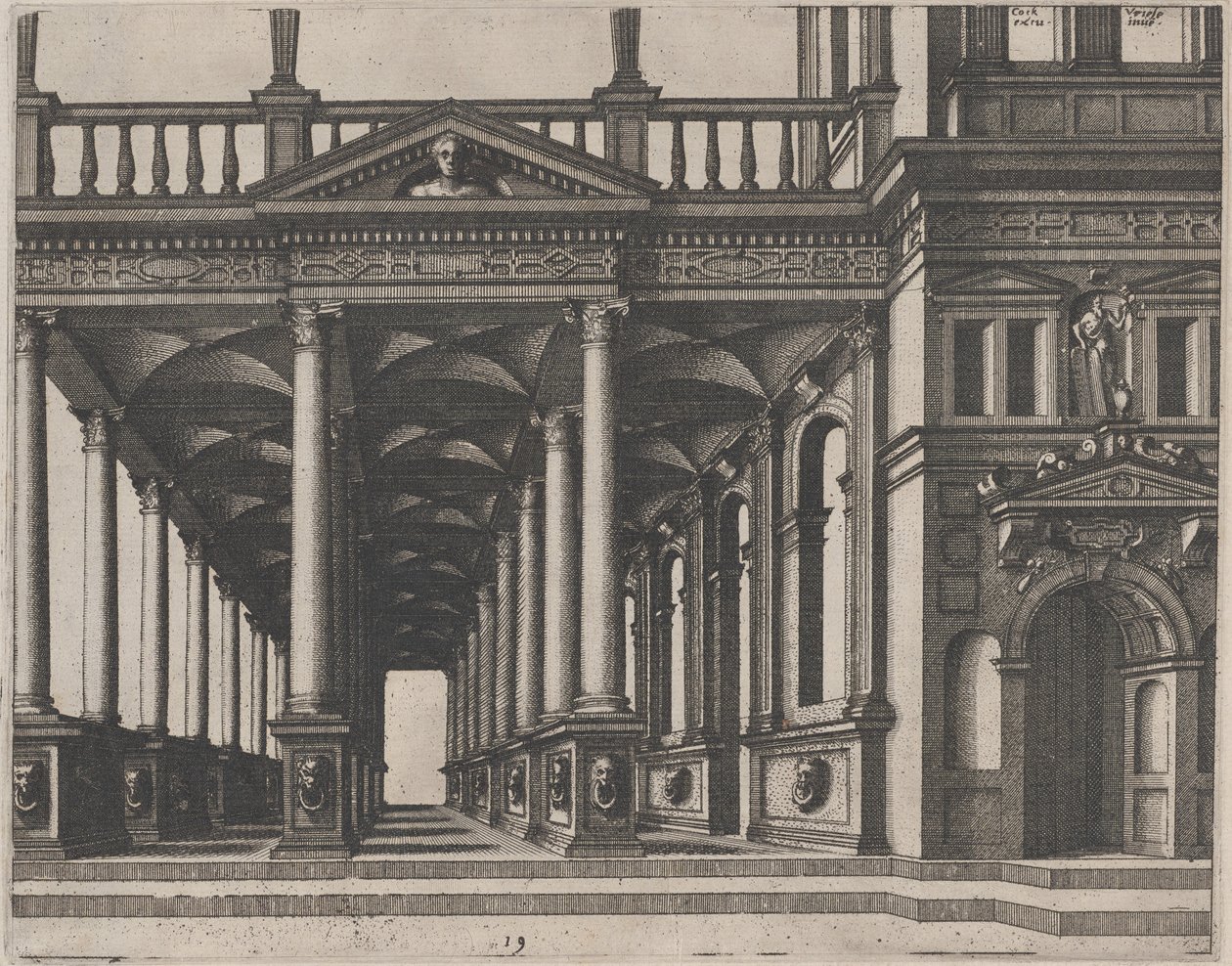 Åpen hall støttet av korintiske kolonner av Lucas van Doetechum and Johannes