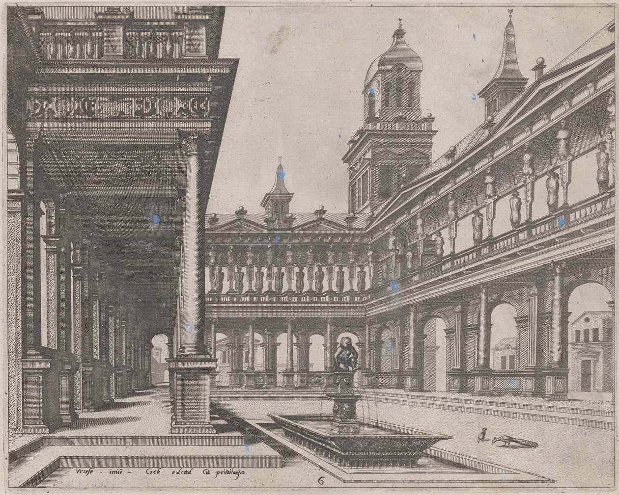 Palace Courtyard med fontene i et rektangulært basseng av Lucas van Doetechum and Johannes