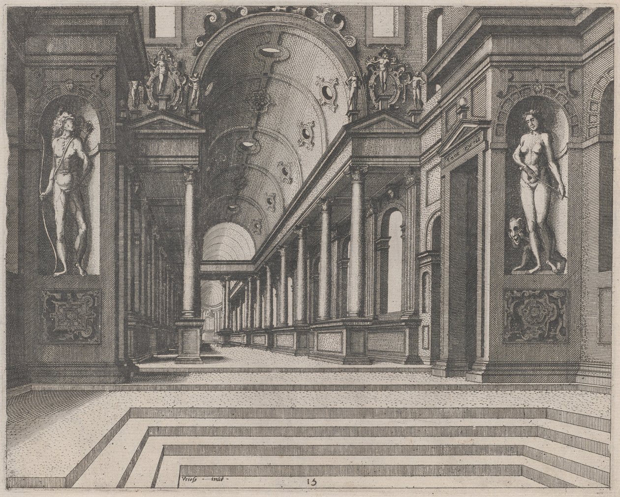 Utsikt i en kirke med korintiske søyler og statuer av Apollo, Melpomene og Moses av Lucas van Doetechum and Johannes
