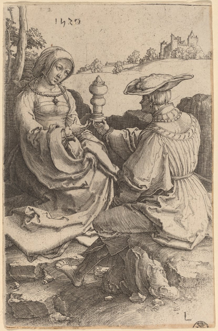 En adelsmann og en dame som sitter i et landskap av Lucas van Leyden