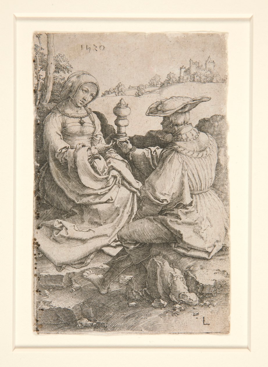 En adelsmann og en dame som sitter i et landskap av Lucas van Leyden